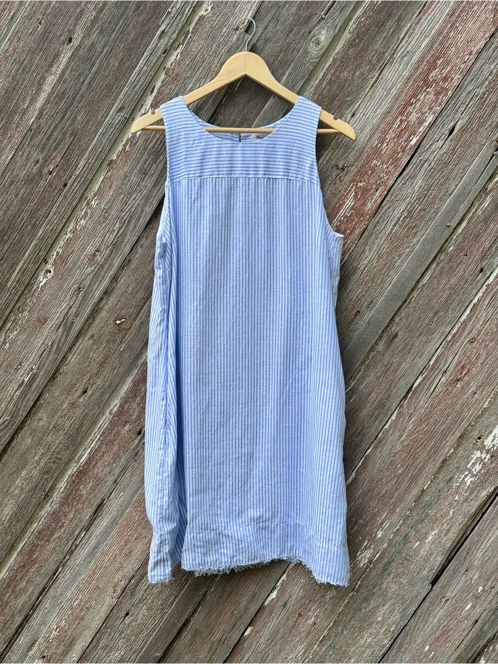 Tommy Bahama 100% Linen Blue Stripe Shift Dress Raw Fringe Hem Large
